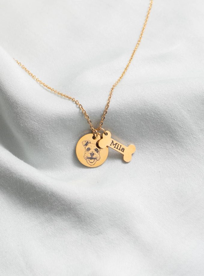 Cadena grabada con el rostro y nombre de tu perro