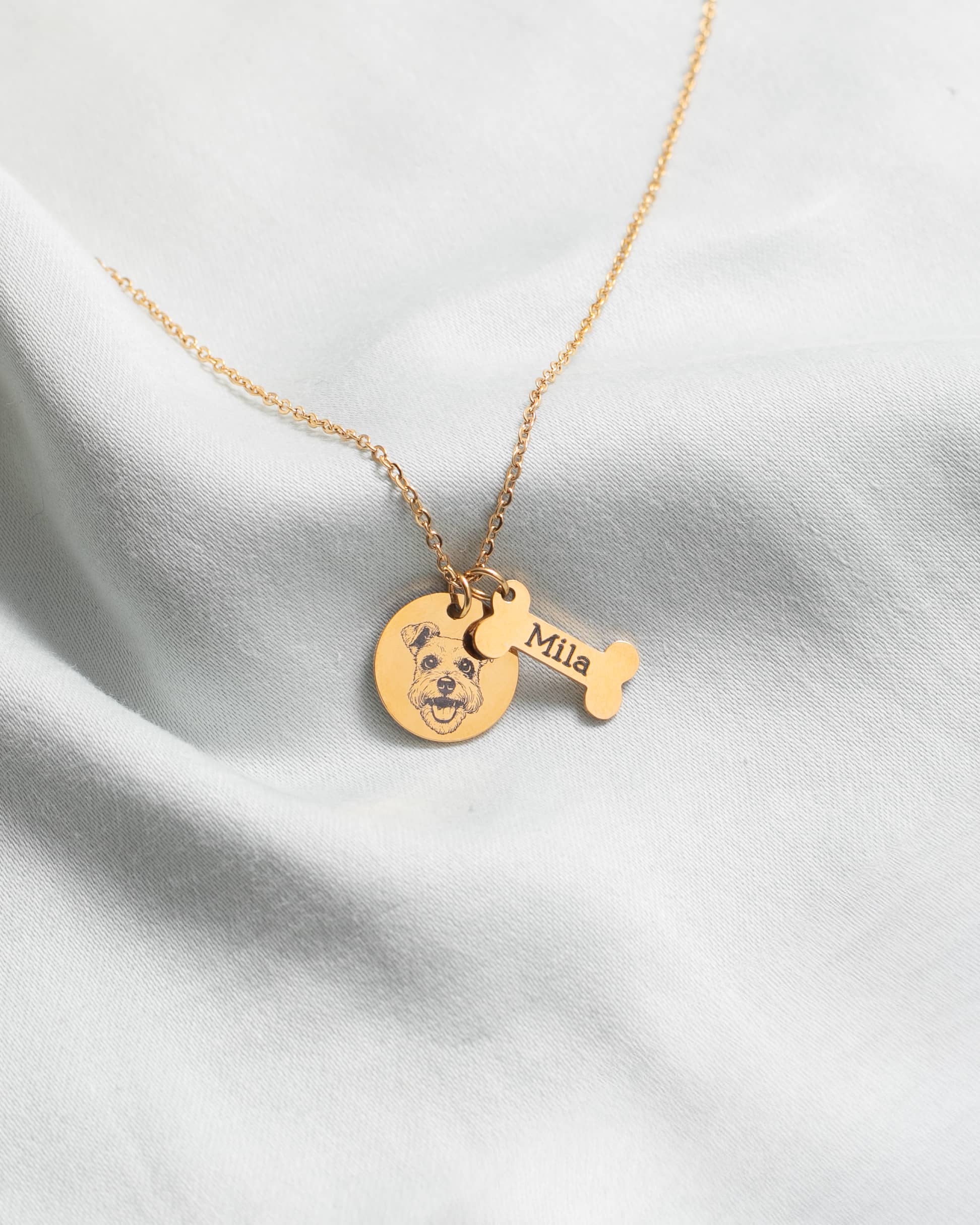 Cadena grabada con el rostro y nombre de tu perro